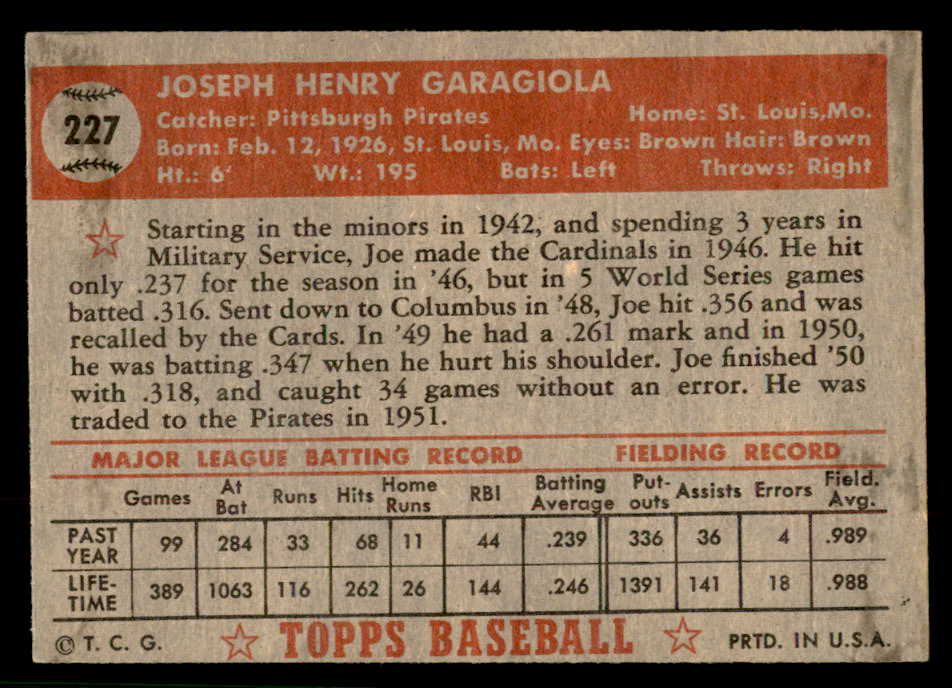 1952 Topps Baseball #227 Joe Garagiola Pirates EX-MT 544298