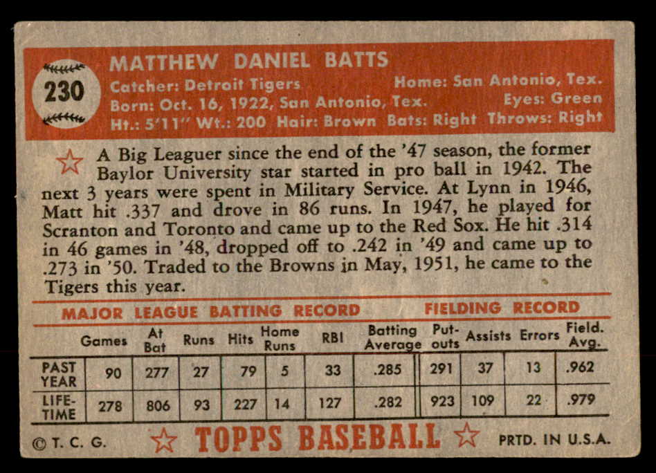 1952 Topps Baseball #230 Matt Batts Tigers VG-EX 544300