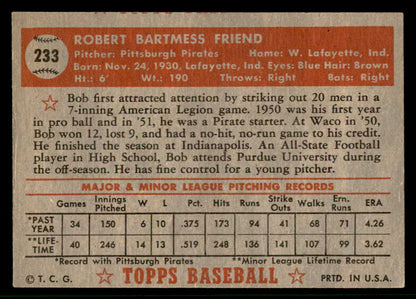 1952 Topps Baseball #233 Bob Friend Pirates EX-MT 544303