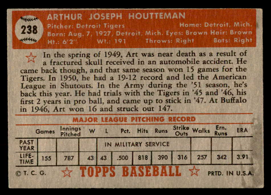 1952 Topps Baseball #238 Art Houtteman Tigers EX-MT 544308