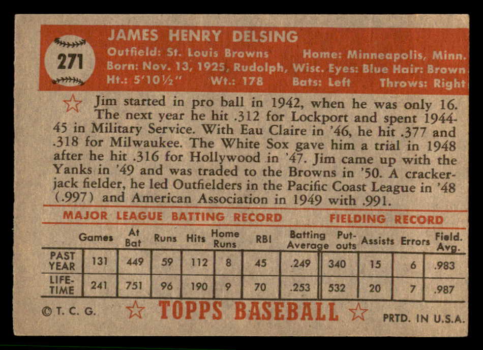 1952 Topps Baseball #271 Jim Delsing Browns EX-MT 544338