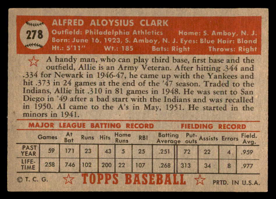 1952 Topps Baseball #278 Allie Clark A's EX+/EX-MT 544343