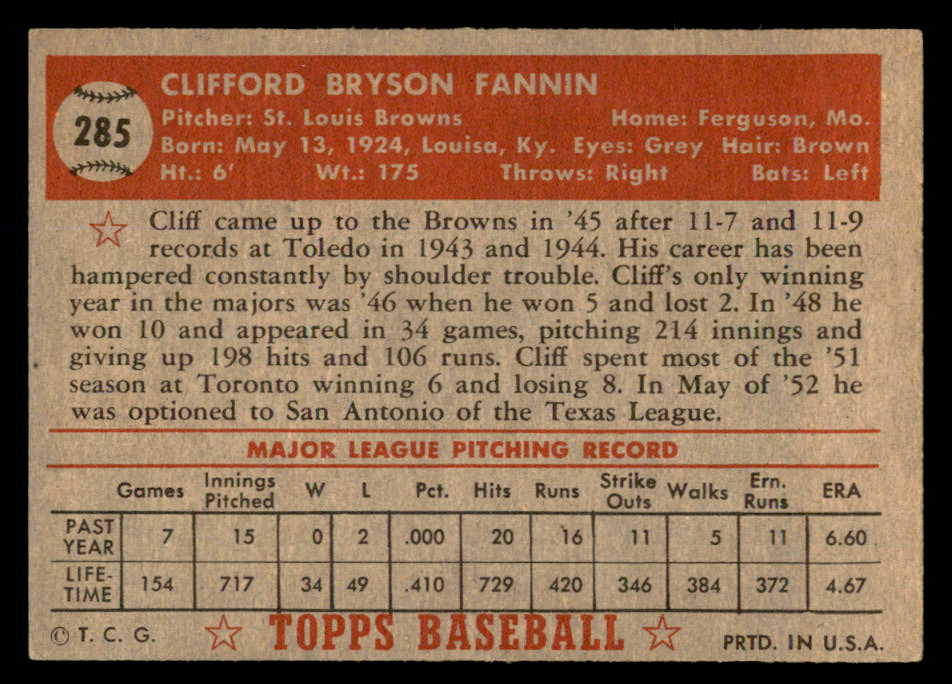 1952 Topps Baseball #285 Cliff Fannin Browns EX-MT 544350