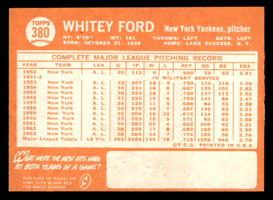 1964 Topps Baseball #380 Whitey Ford Yankees EX-MT 544603