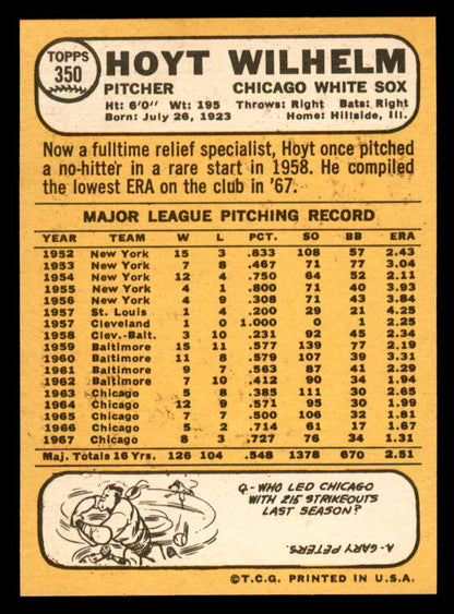 1968 Topps Baseball #350 Hoyt Wilhelm White Sox EX-MT 544636