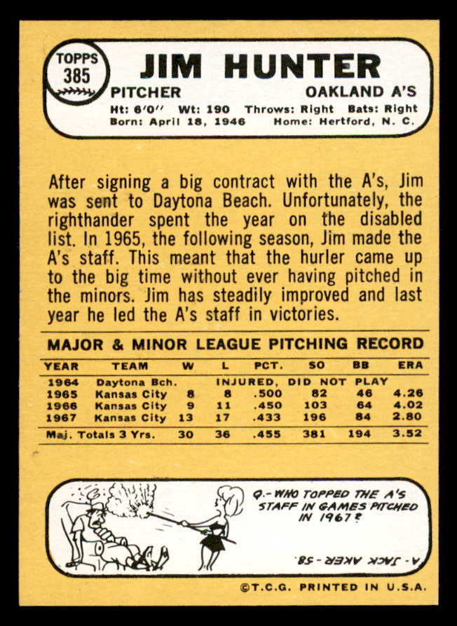 1968 Topps Baseball #385 Catfish Hunter A's EX+/EX-MT 544640
