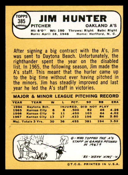 1968 Topps Baseball #385 Catfish Hunter A's EX+/EX-MT 544640