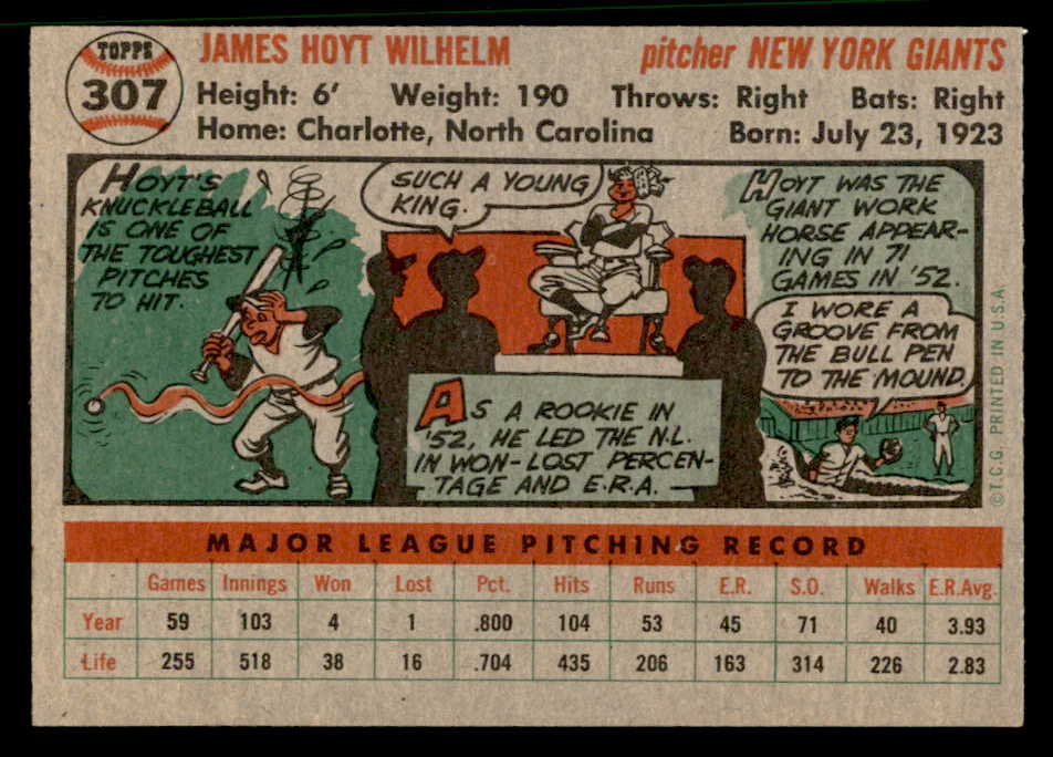 1956 Topps Baseball #307 Hoyt Wilhelm Giants VG-EX 544678