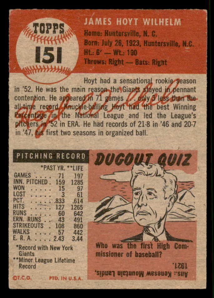 1953 Topps Baseball #151 Hoyt Wilhelm Giants VG-EX 544681