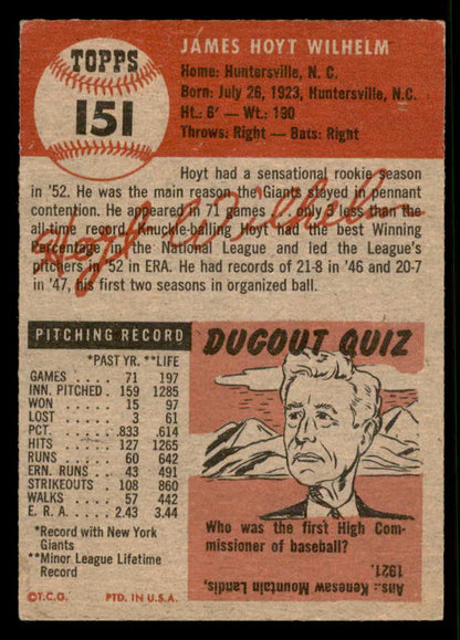1953 Topps Baseball #151 Hoyt Wilhelm Giants VG-EX 544681