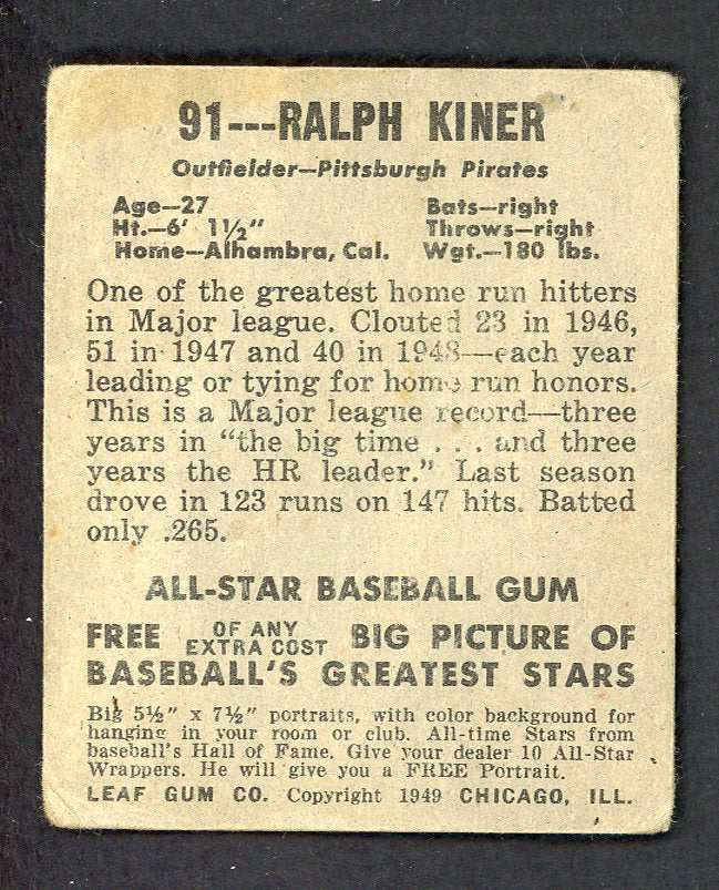 1948 Leaf Baseball #091 Ralph Kiner Pirates VG 544746