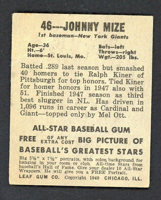 1948 Leaf Baseball #046 Johnny Mize Giants VG-EX 544748
