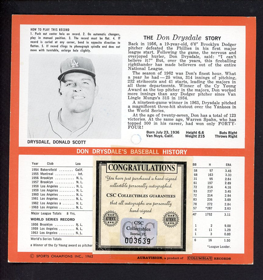 1964 Auravision Record Don Drysdale Dodgers Signed Autographed