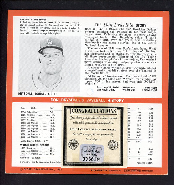 1964 Auravision Record Don Drysdale Dodgers Signed Autographed