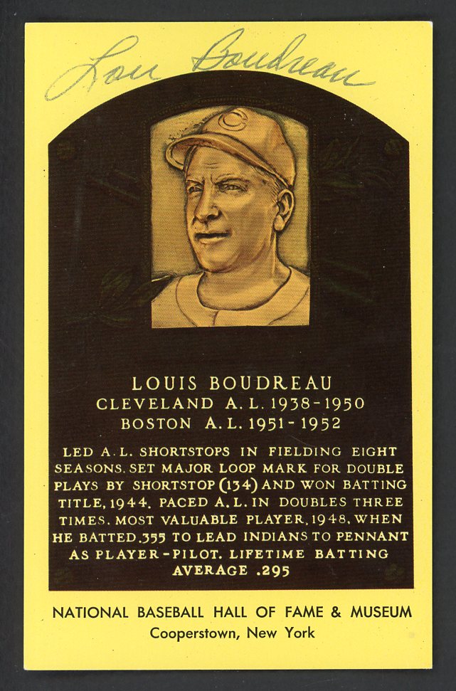 Yellow Hall of Fame Postcard Lou Boudreau Indians Signed Autographed