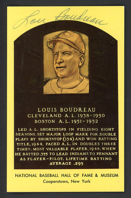 Yellow Hall of Fame Postcard Lou Boudreau Indians Signed Autographed