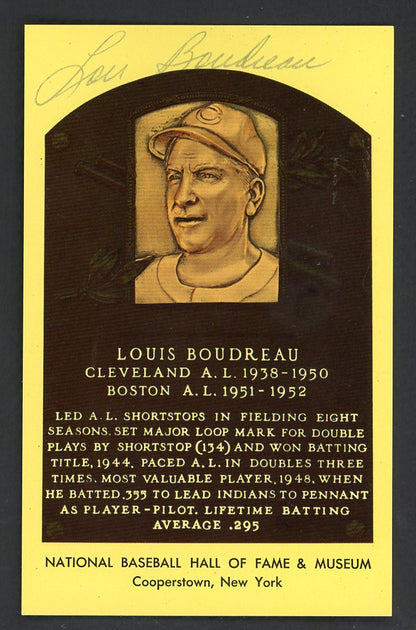 Yellow Hall of Fame Postcard Lou Boudreau Indians Signed Autographed
