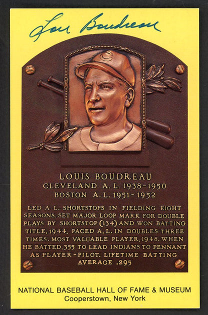 Yellow Hall of Fame Postcard Lou Boudreau Indians Signed Autographed