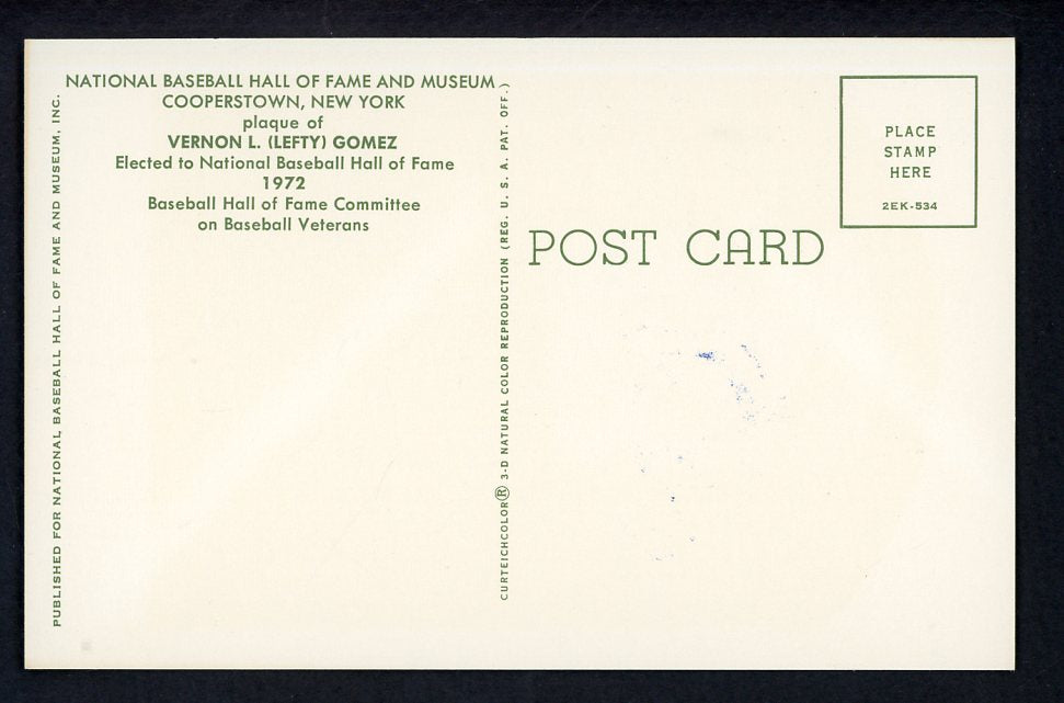 Yellow Hall of Fame Postcard Lefty Gomez Yankees Signed Autographed