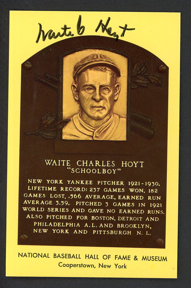 Yellow Hall of Fame Postcard Waite Hoyt Yankees Signed Autographed