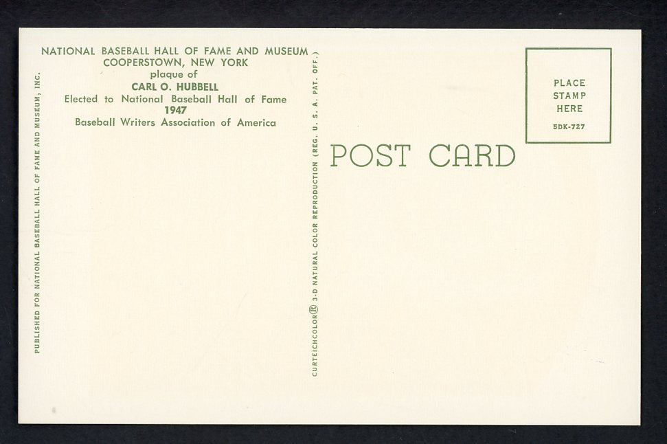 Yellow Hall of Fame Postcard Carl Hubbell Giants Signed Autographed