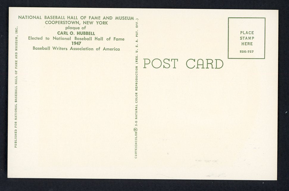 Yellow Hall of Fame Postcard Carl Hubbell Giants Signed Autographed