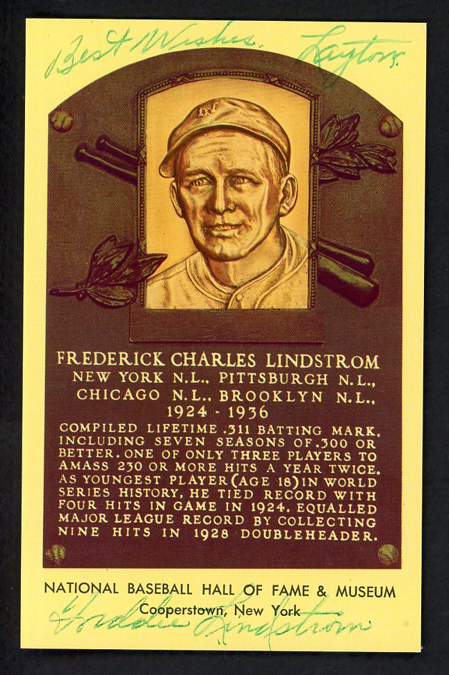 Yellow Hall of Fame Postcard Fred Lindstrom Giants Signed Autographed