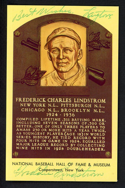 Yellow Hall of Fame Postcard Fred Lindstrom Giants Signed Autographed