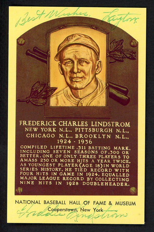 Yellow Hall of Fame Postcard Fred Lindstrom Giants Signed Autographed