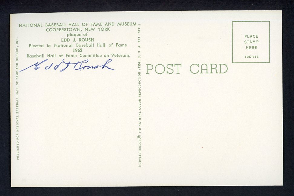 Yellow Hall of Fame Postcard Edd Roush White Sox Signed Autographed