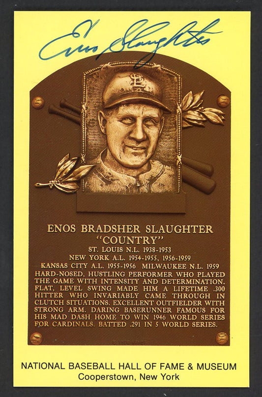 Yellow Hall of Fame Postcard Enos Slaughter Cardinals Signed Autographed