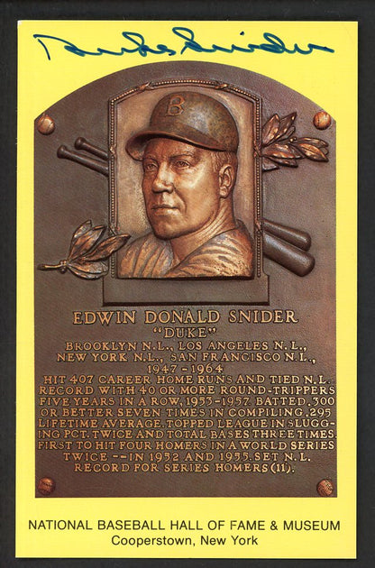 Yellow Hall of Fame Postcard Duke Snider Dodgers Signed Autographed