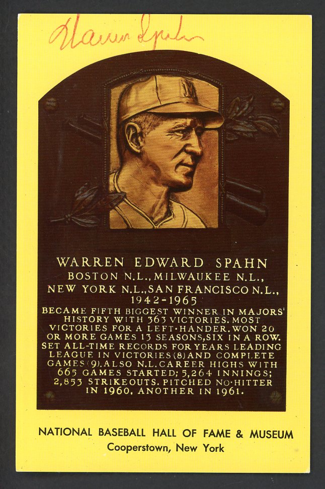 Yellow Hall of Fame Postcard Warren Spahn Braves Signed Autographed