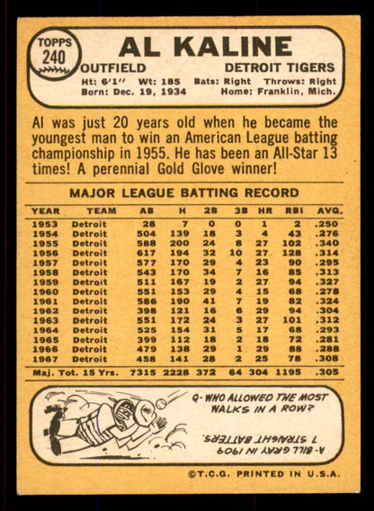 1968 Topps Baseball #240 Al Kaline Tigers NR-MT 545349