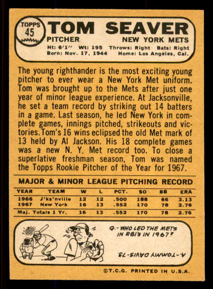 1968 Topps Baseball #045 Tom Seaver Mets NR-MT 545353
