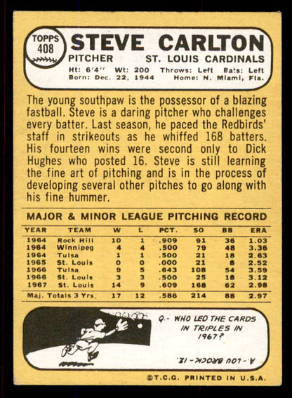 1968 Topps Baseball #408 Steve Carlton Cardinals NR-MT 545355