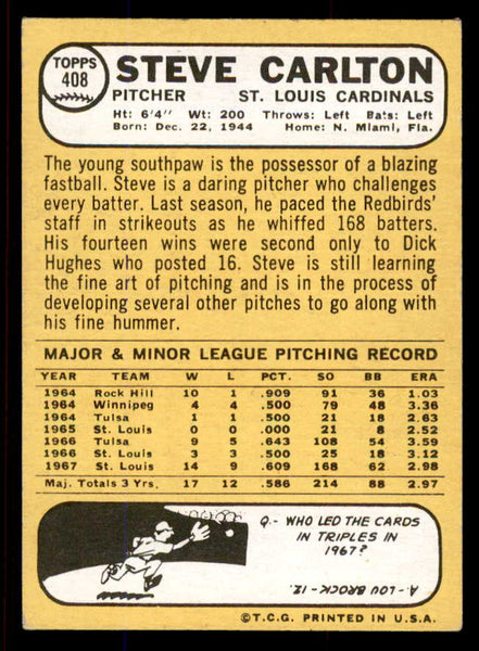 1968 Topps Baseball #408 Steve Carlton Cardinals NR-MT 545355