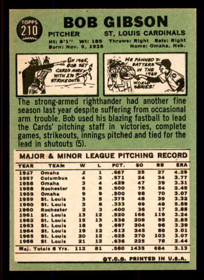 1967 Topps Baseball #210 Bob Gibson Cardinals EX-MT 545384