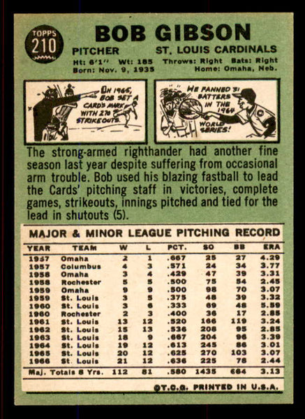 1967 Topps Baseball #210 Bob Gibson Cardinals EX-MT 545384