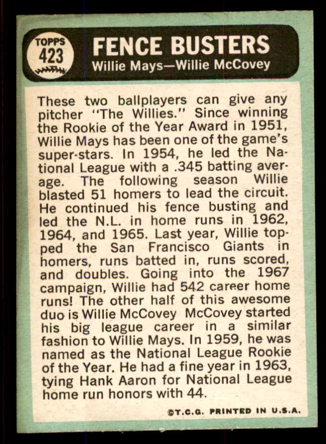 1967 Topps Baseball #423 Willie Mays Willie McCovey VG-EX 545400