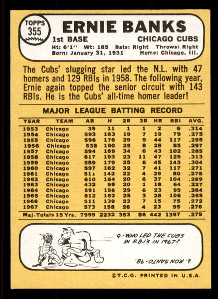 1968 Topps Baseball #355 Ernie Banks Cubs EX 545433
