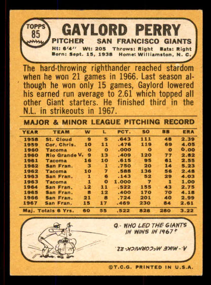 1968 Topps Baseball #085 Gaylord Perry Giants NR-MT 545436