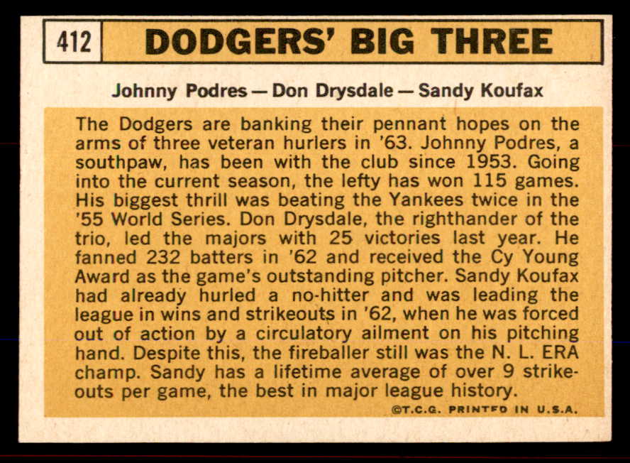 1963 Topps Baseball #412 Sandy Koufax Don Drysdale EX-MT 545571