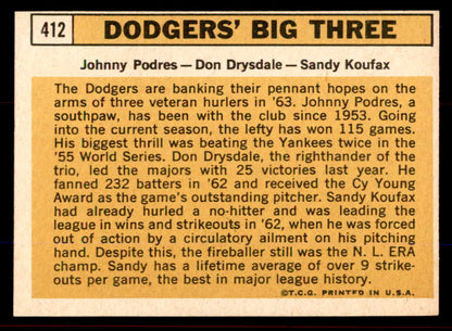 1963 Topps Baseball #412 Sandy Koufax Don Drysdale EX-MT 545571