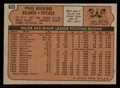 1972 Topps Baseball #620 Phil Niekro Braves NR-MT 545585