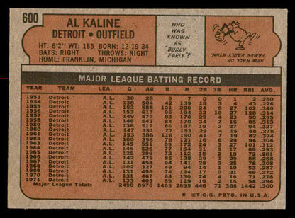1972 Topps Baseball #600 Al Kaline Tigers EX 545648