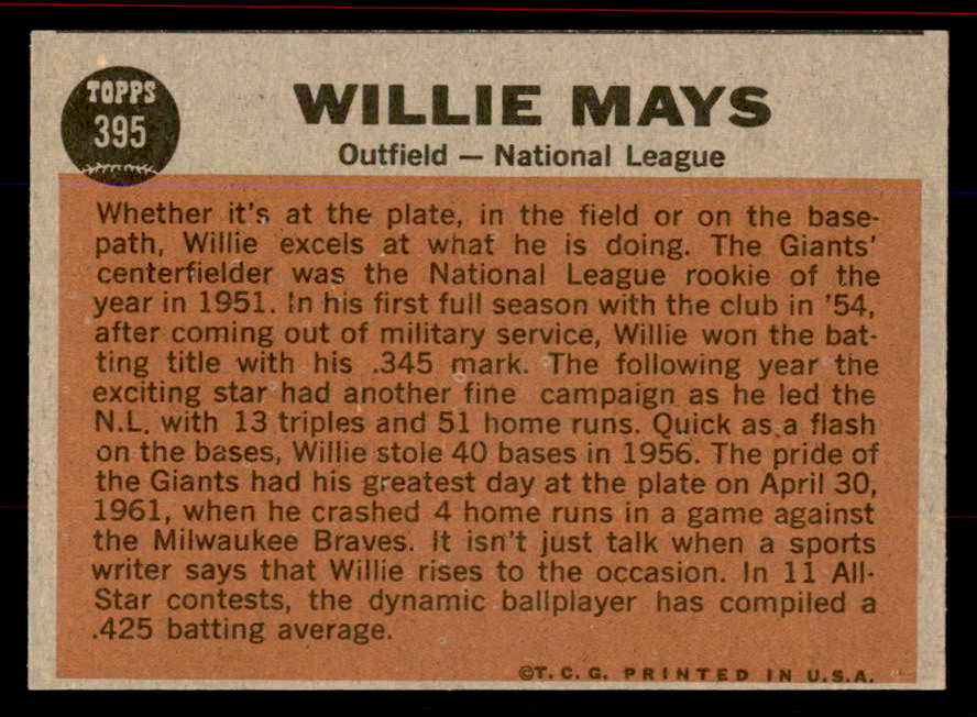 1962 Topps Baseball #395 Willie Mays A.S. Giants NR-MT 545726