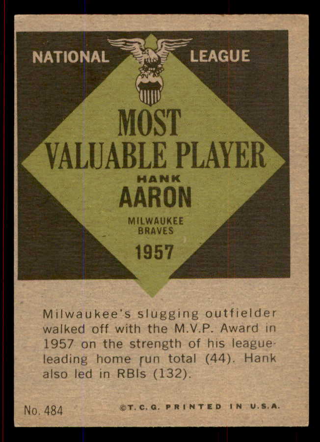 1961 Topps Baseball #484 Hank Aaron MVP Braves VG-EX 545738