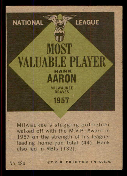 1961 Topps Baseball #484 Hank Aaron MVP Braves VG-EX 545738