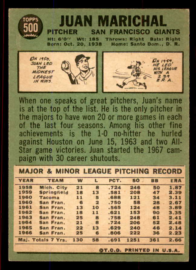 1967 Topps Baseball #500 Juan Marichal Giants EX-MT 545808